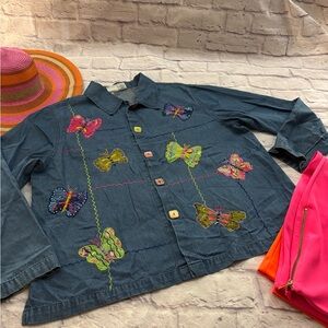 🔵VINTAGE Butterfly Embroidered BUTTON FRONT Denim Jacket